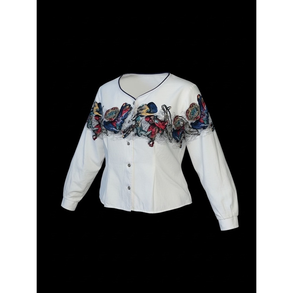Vintage Roper Western Cowgirl Graphic Blouse White Cotton Button Front Large